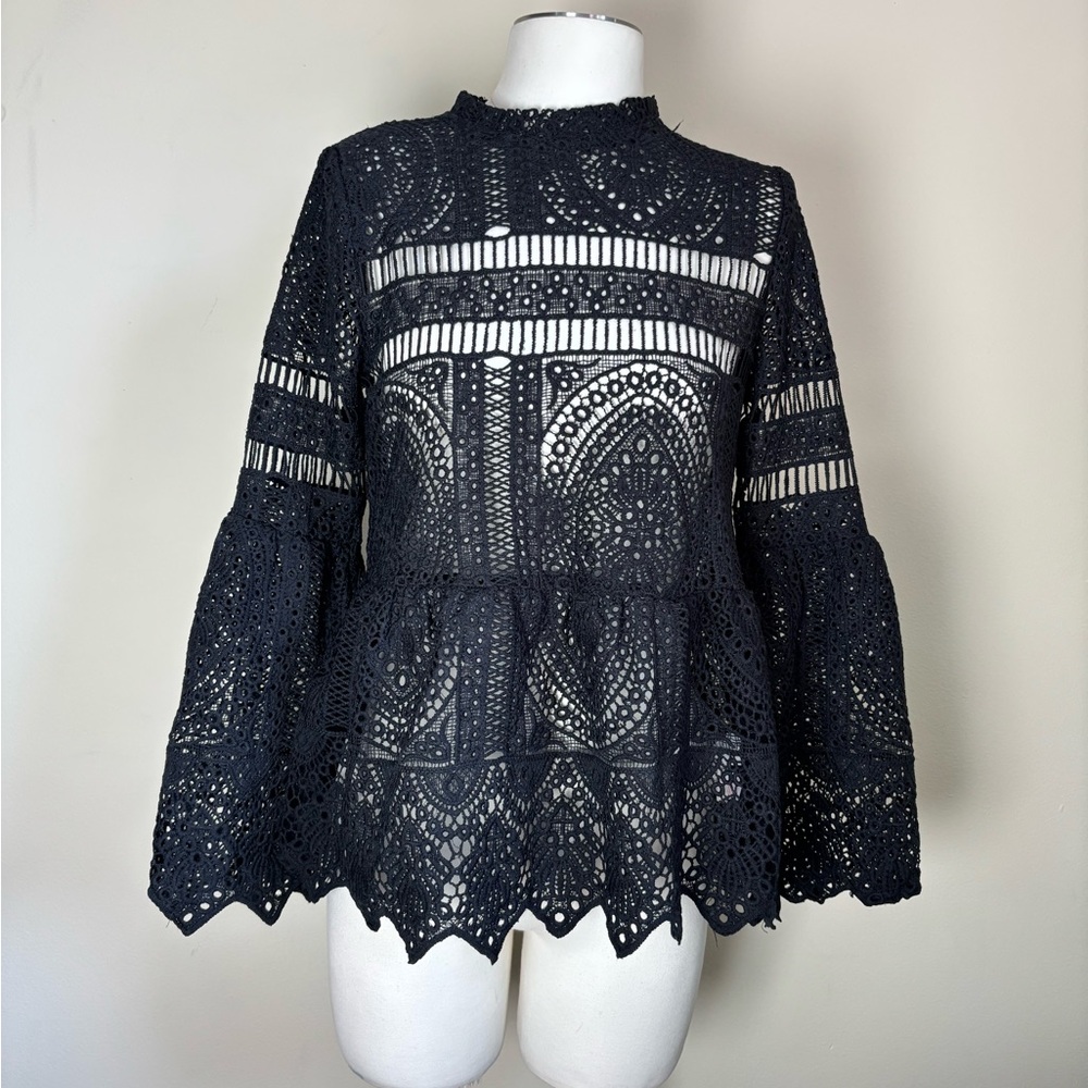 Boohoo Black Lace Blouse with Flared Sleeves